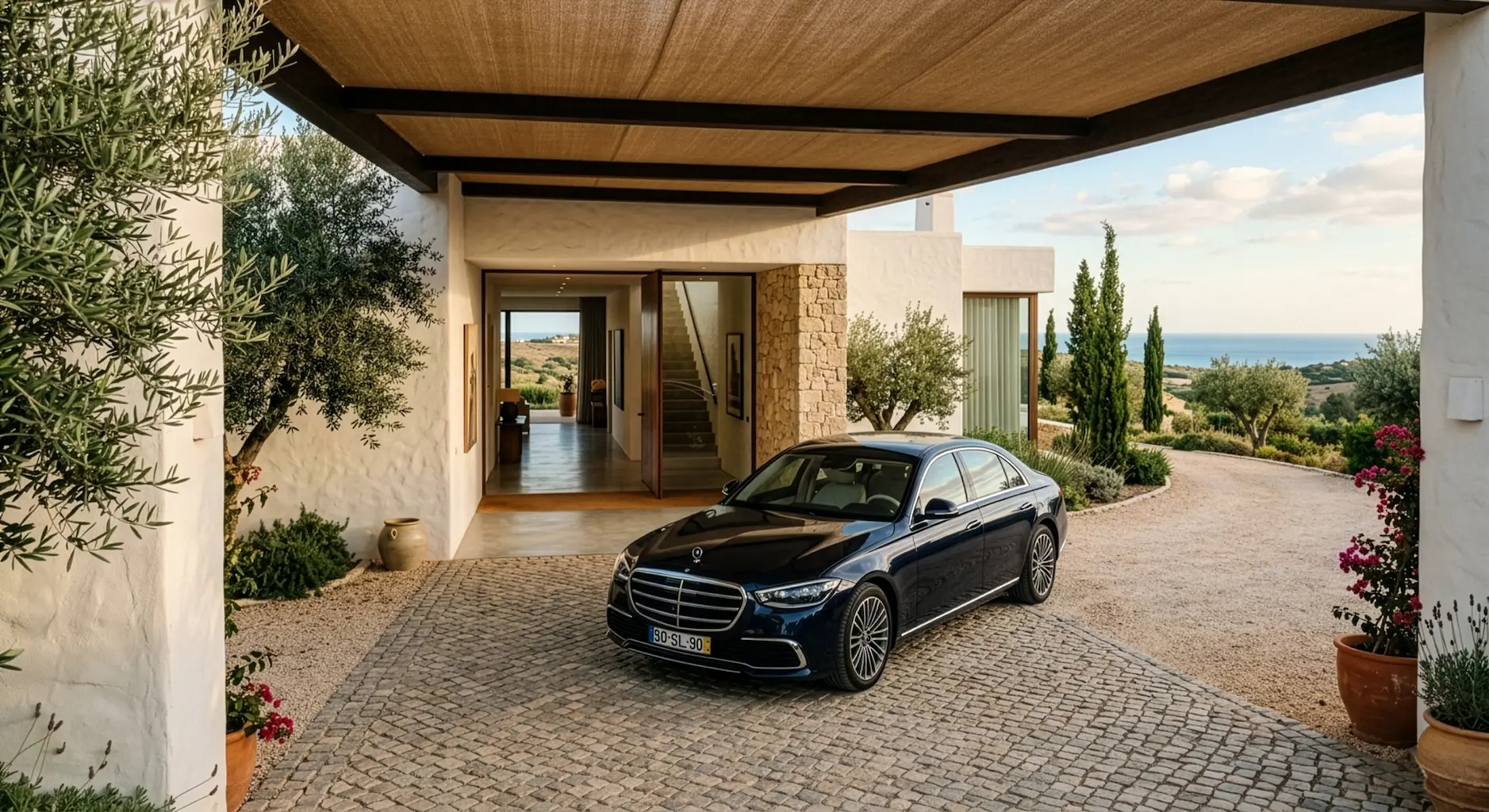 Mercedes-Benz luxury car in front of premium villa in Algarve, Gibson Group car and property services
