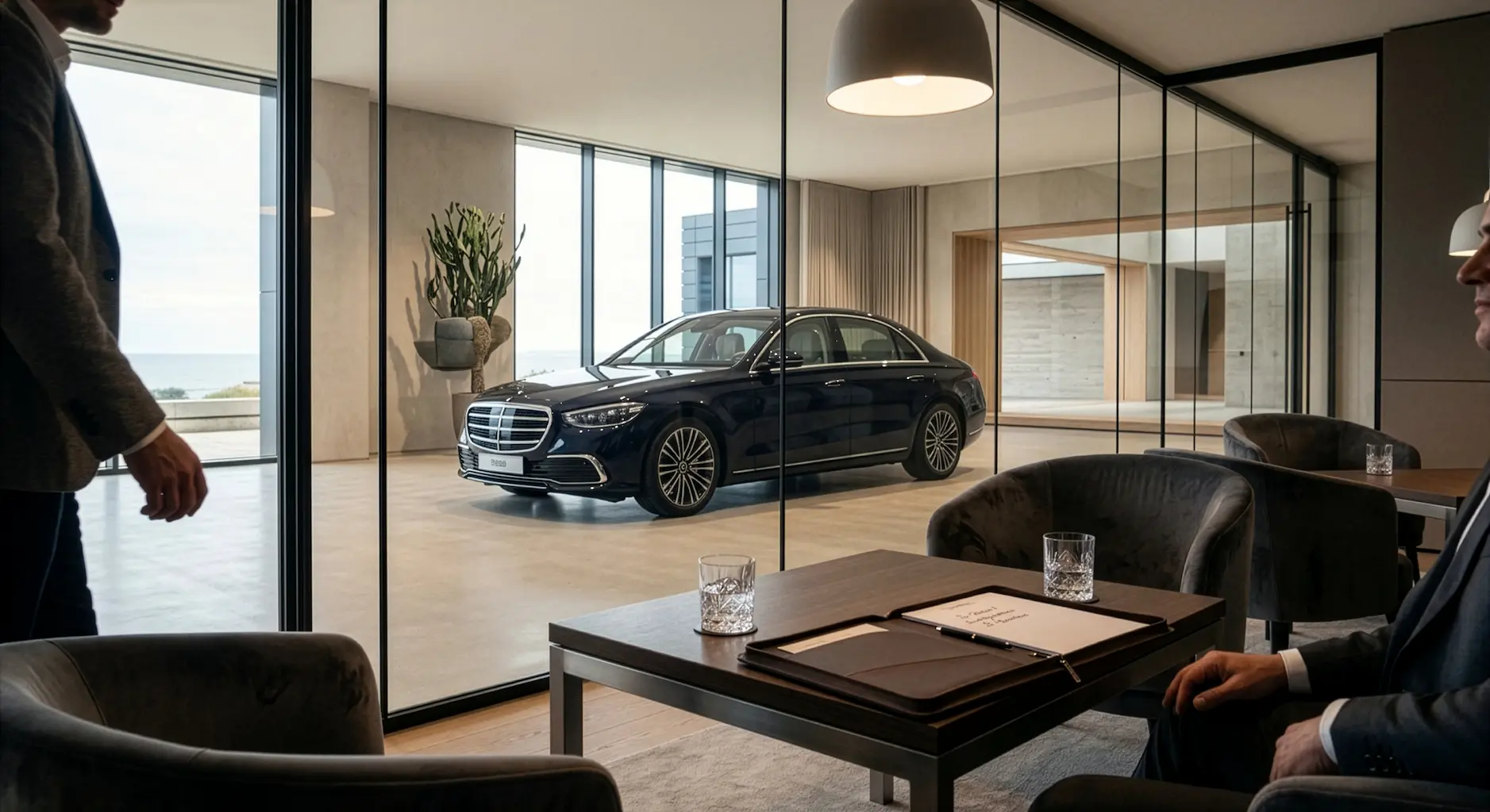 Mercedes-Benz luxury car displayed in Gibson Group showroom in Algarve, highlighting discreet acquisition services