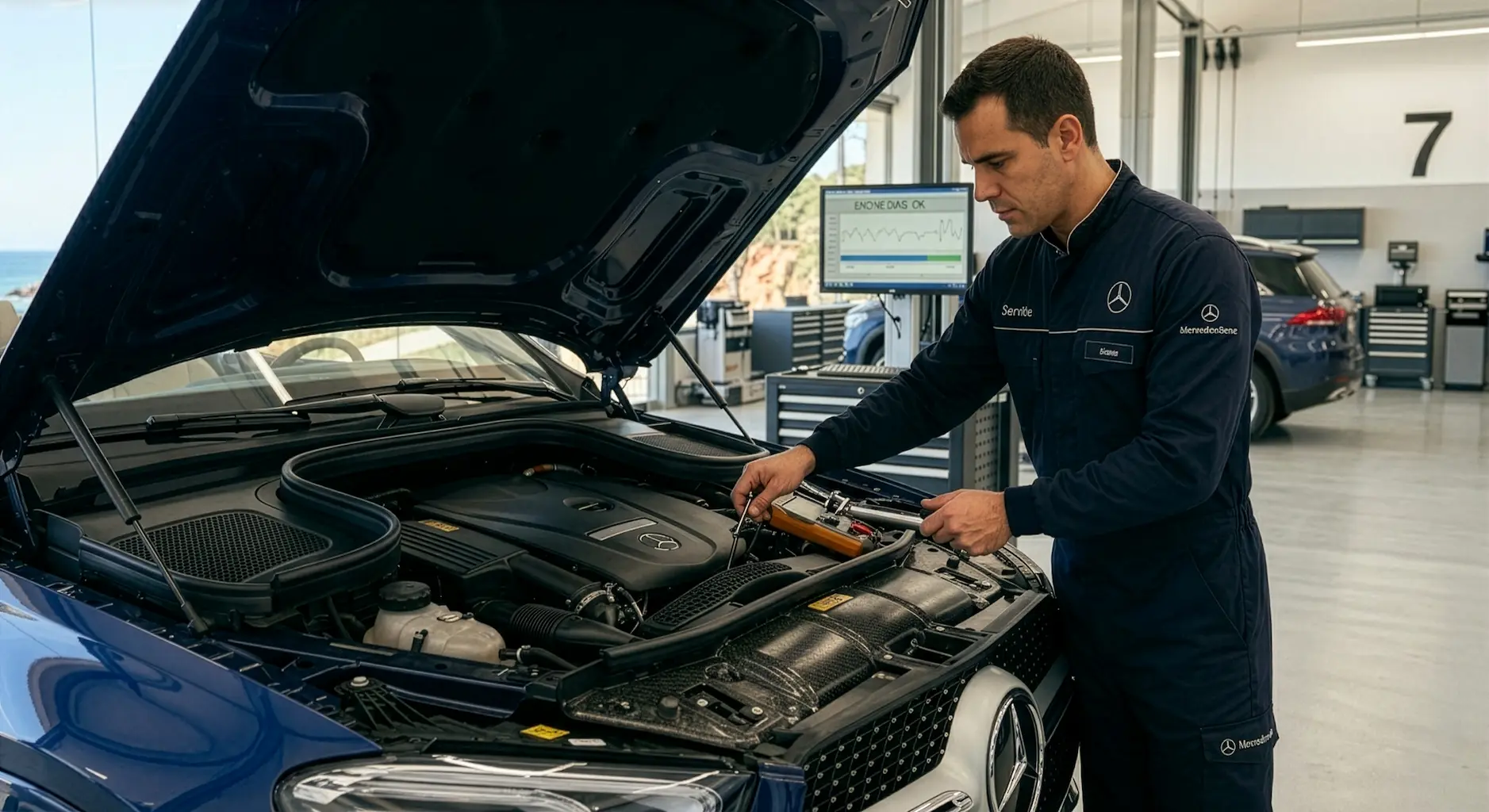 Mercedes-Benz being serviced by a technician at Gibson Group x StarSul workshop in Algarve, ensuring vehicle maintenance and service continuity