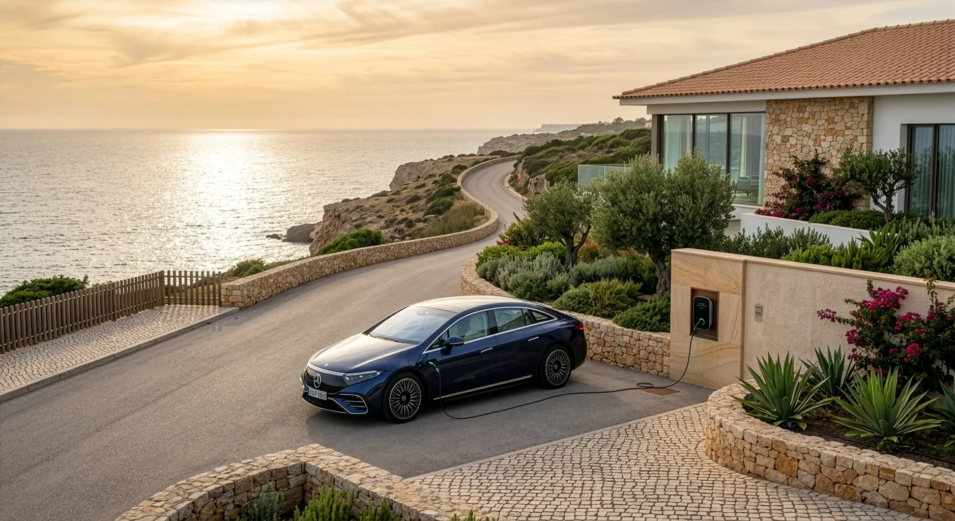 Mercedes-Benz charging at Gibson Group x StarSul electric station in Algarve, demonstrating sustainable mobility and EQ electric vehicle service