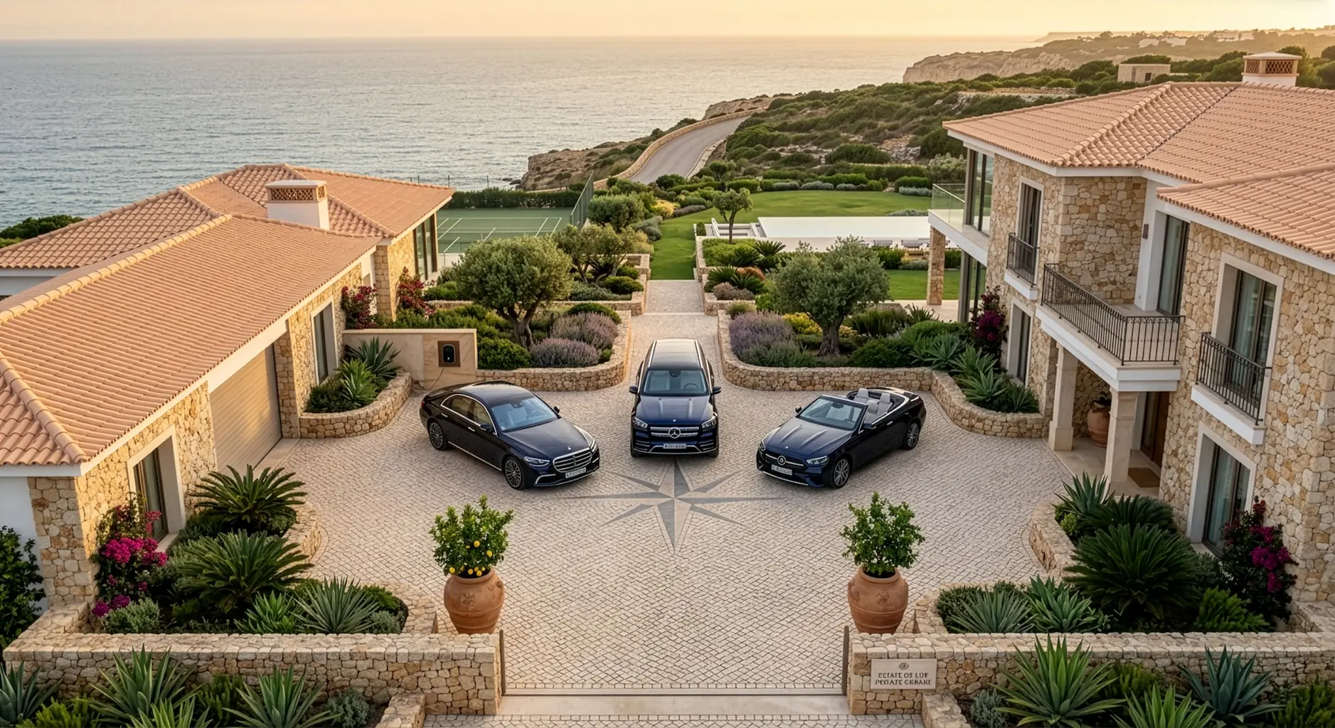 Three Mercedes-Benz vehicles in Gibson Group x StarSul courtyard, showcasing fleet management and premium vehicle stewardship in Algarve