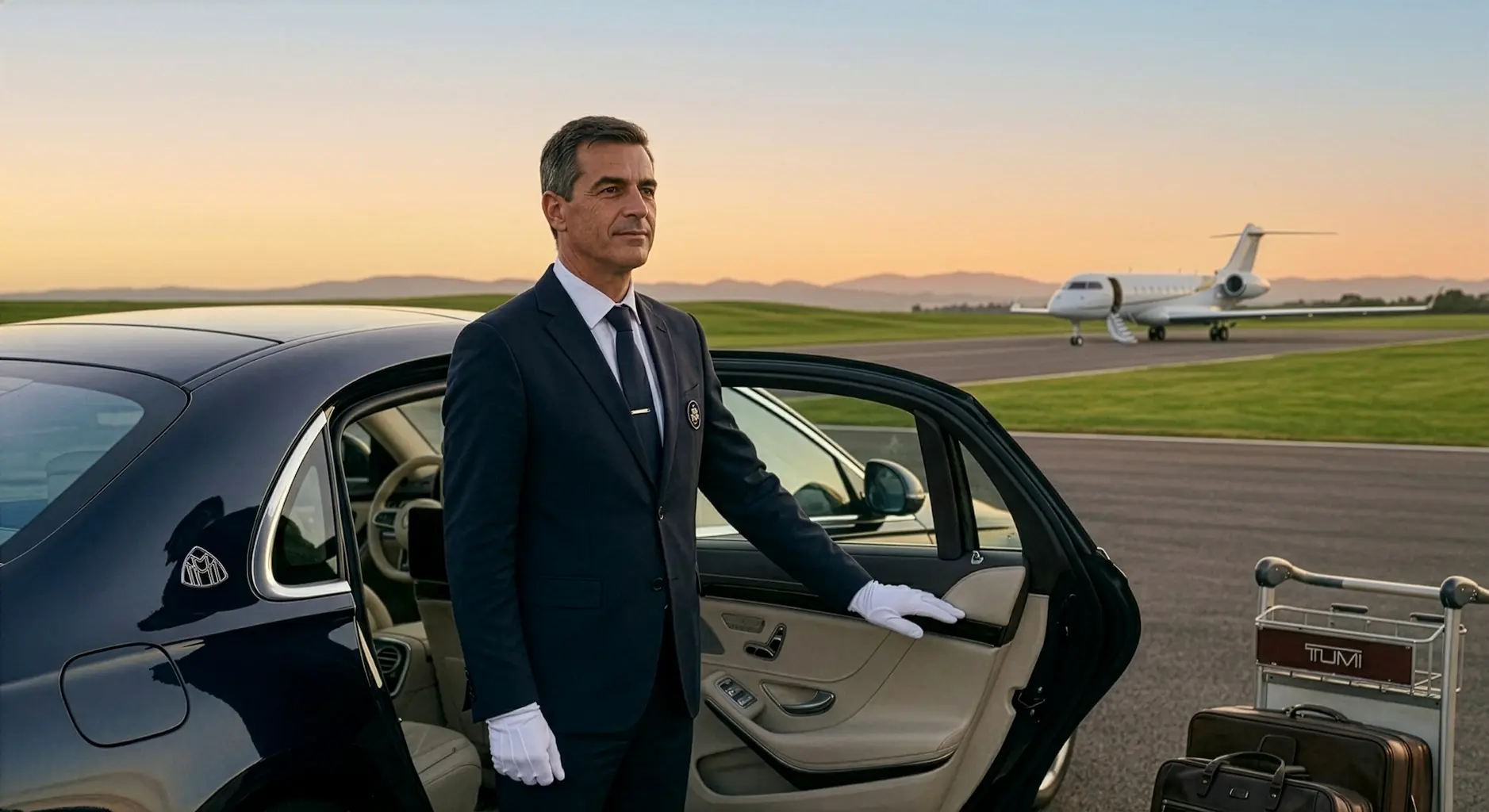 Chauffeur in suit with white gloves opening Mercedes-Benz door, private jet in background, showcasing Gibson Group x StarSul arrival experience in Algarve