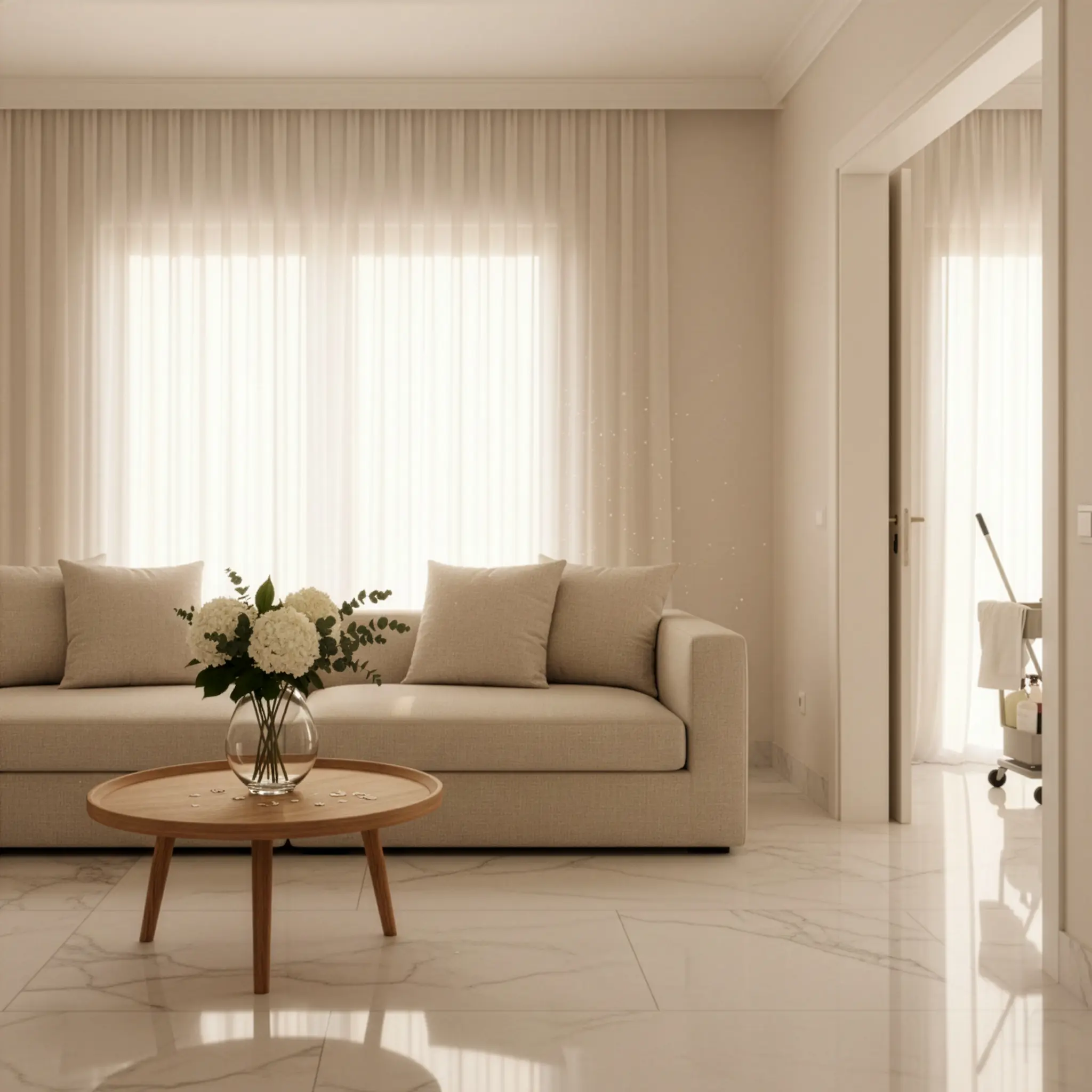 Clean and stylish living room prepared by professional housekeeping services in an Algarve luxury villa