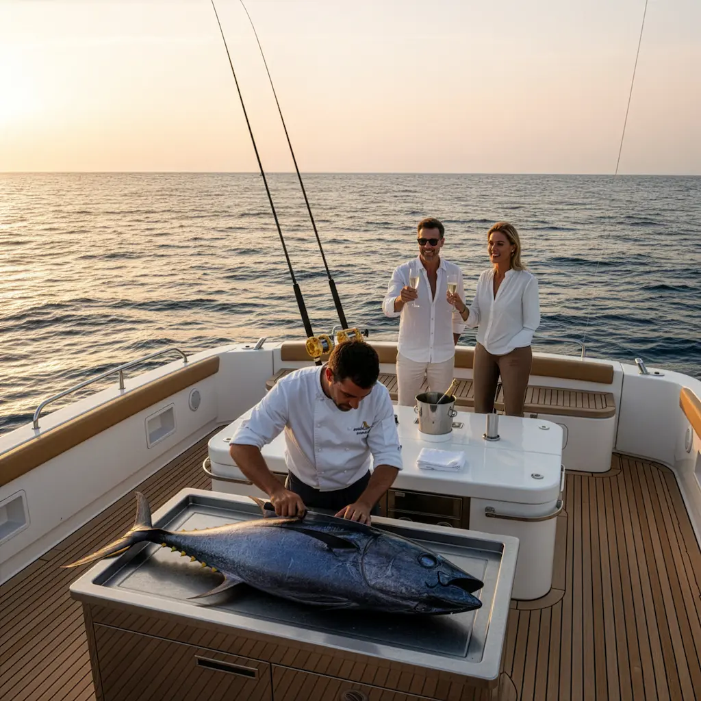 Deep-sea fishing yacht on open Atlantic waters near the Algarve