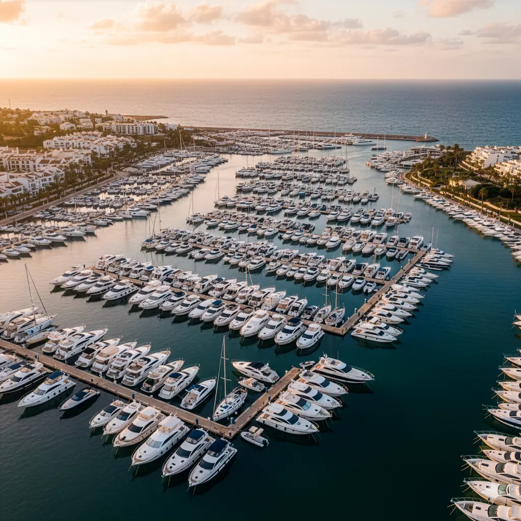 Luxury yachts docked at prestigious marina waterfront in Vilamoura