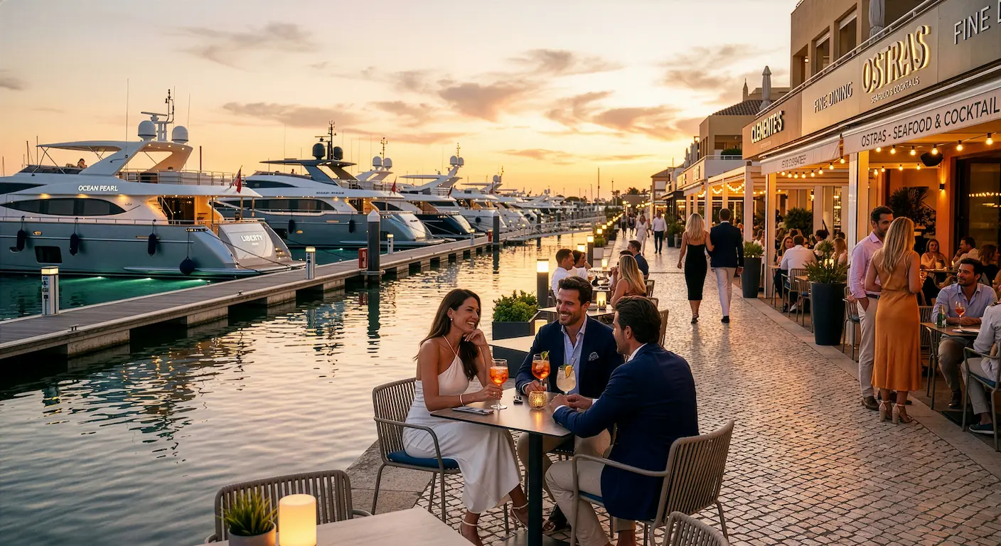 Luxury marina waterfront with yachts, restaurants and social coastal lifestyle in the Algarve