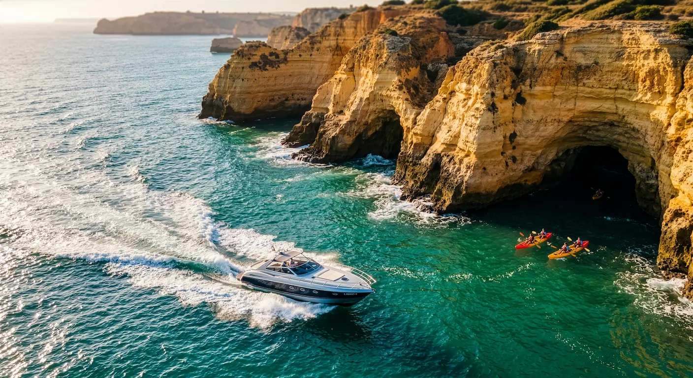 Yacht sailing on open water along the Algarve coastline representing adventure and exploration
