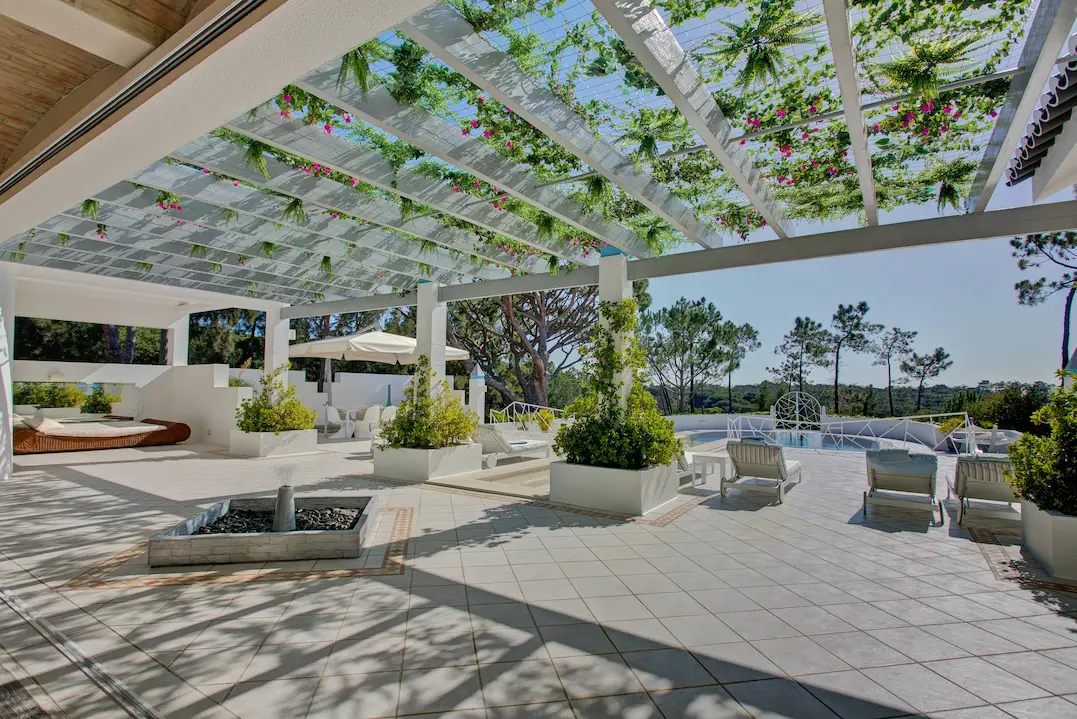 Aerial view of Casa Estrela villa with pool and outdoor terraces Algarve