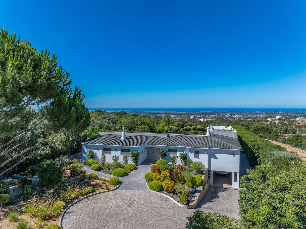 Aerial view of Casa Harmonia luxury villa with pool and sea views in Santa B&aacute;rbara de Nexe Algarve