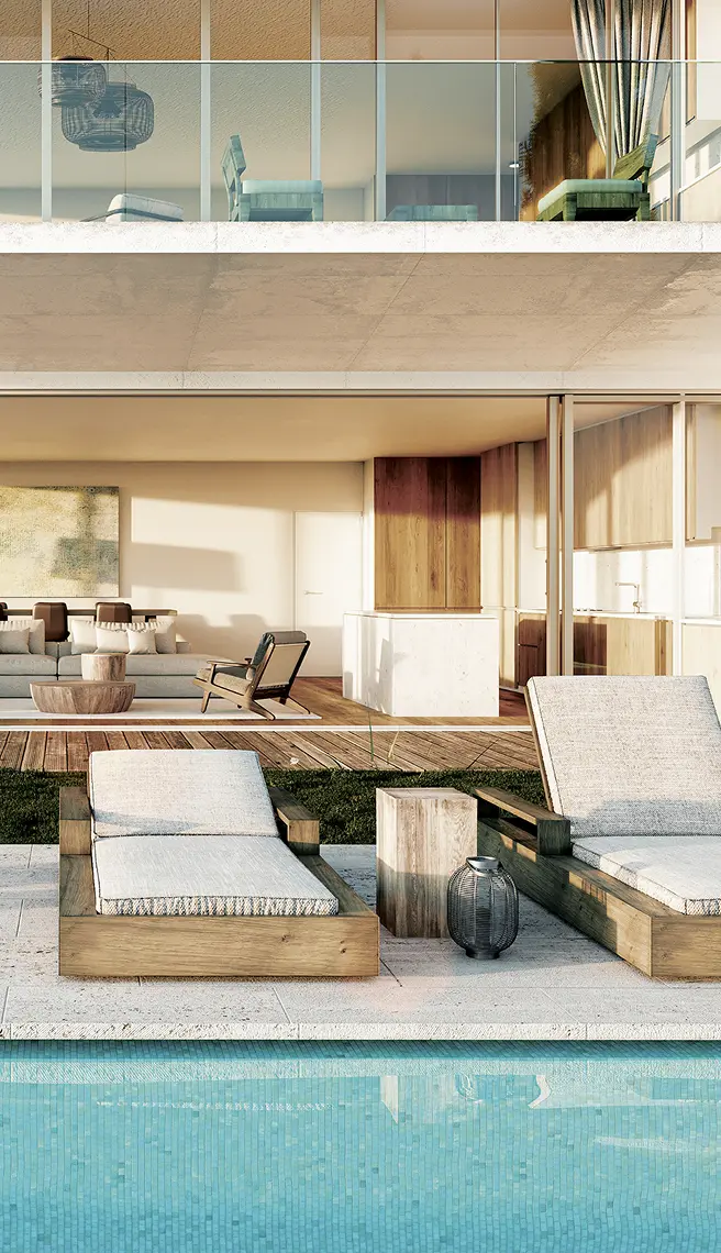 Poolside relaxation area at Nomad Bay luxury resort development