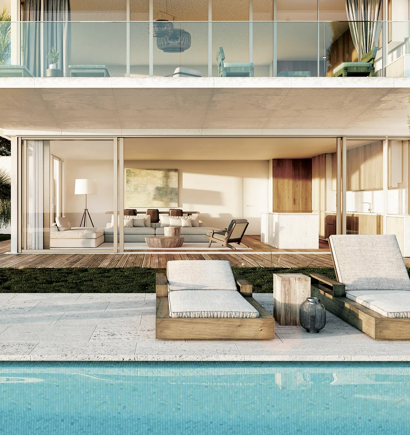 Central swimming pool at Nomad Bay surrounded by Mediterranean gardens in Algarve