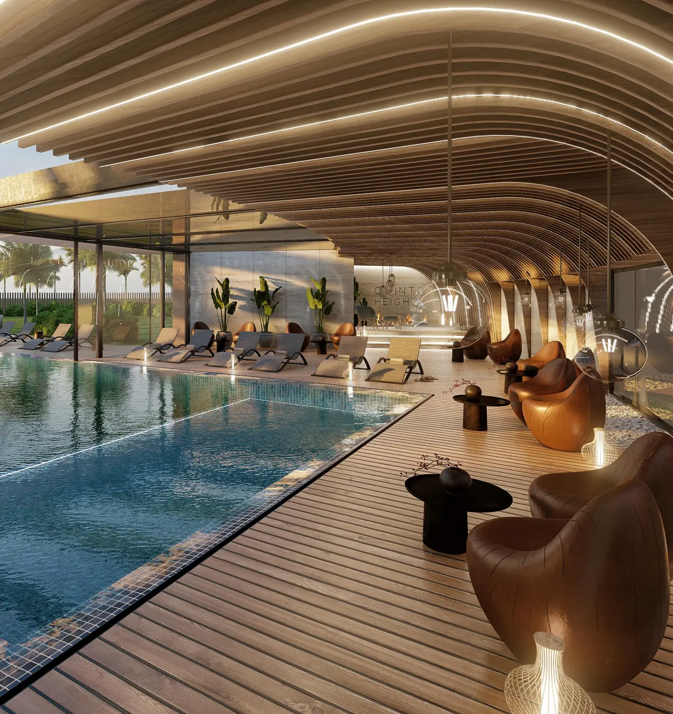 Indoor swimming pool at Quinta Heights with natural daylight